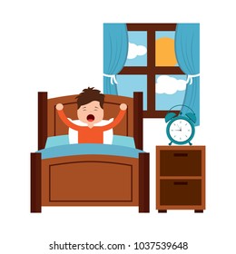 boy wake up stretching in wooden bed room bedside table clock window vector illustration