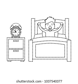 boy wake up stretching in wooden bed with bedside table clock vector illustration sticker image design