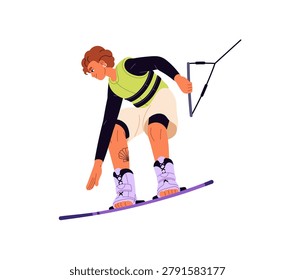 Boy is wakeboarding, doing tricks with board in the sea. Surfer is kitesurfing, kiteboarding. Young man is holding rope, surfing and catching sea waves. Flat isolated vector illustration on white