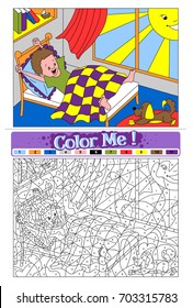 Boy wakes up in his bed in the room and enjoys first sun lights together with his pet dog. Color by number, game for children with color example. Vector image.