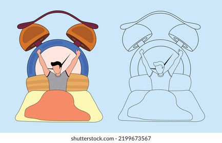 A boy wakes up in the morning with an alarm clock vector