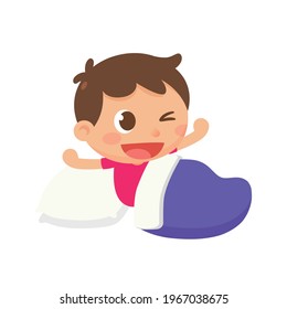 A boy wakes up on the bed at night in vector flat illustration style. Get up.