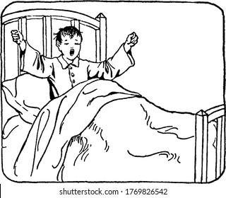 A boy waking up and having big stretch after a good sleep, vintage line drawing or engraving illustration.