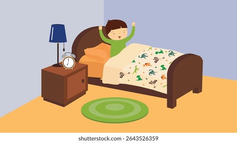 Garoto acordando de manhã no quarto. Ilustração vetorial.