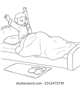 Boy waking up in the morning.Hand-drawn cartoon.