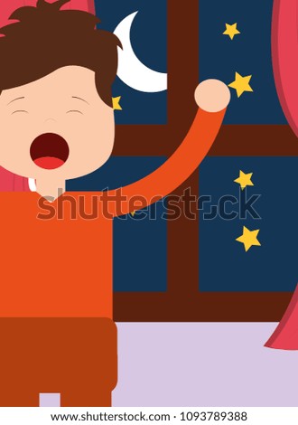 boy waking up and stertching near window night