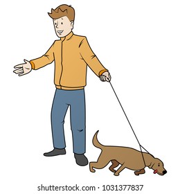 Boy walk with dog. Color vector flat illustration isolated on white background. 