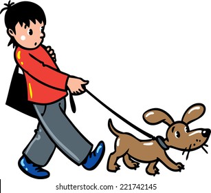 Boy walk with a dog or puppy