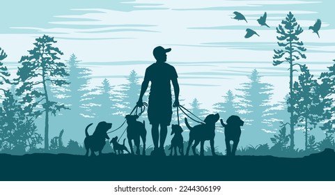 Caminan niños con perros en la etiqueta de la silueta del paisaje vectorial del parque