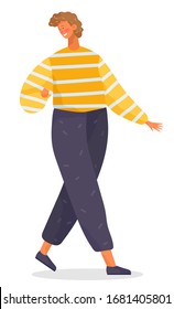 Boy walking alone, person isolated on white background. Young man dressed in casual clothes like shirt or sweater and pants. Guy posing and smiling for picture. Vector illustration in flat style