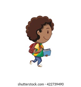 Boy walking, backpack, book, vector illustration