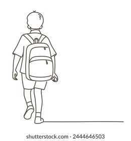 Un niño camina con una mochila a la espalda. Él lleva una camisa y pantalones cortos. Ilustración vectorial dibujada a mano Blanco y negro.