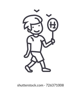 boy walking with candy vector line icon, sign, illustration on background, editable strokes