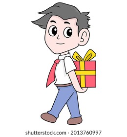 niño camina cargando un regalo en su espalda para una sorpresa, ilustración vectorial art. doodle imagen kawaii.