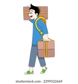 chico caminando cargando bienes para regresar al pueblo de vacaciones. ilustración de diseño vectorial