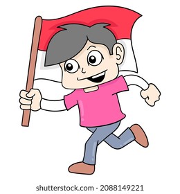 niño camina con la bandera indonesia roja y blanca en el día de la independencia, ilustración vectorial arte. imagen del ícono del doodle kawaii.