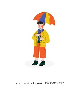 Boy Walking with Colorful Umbrella, Kids Spring or Summer Outdoor Activity Vector Illustration