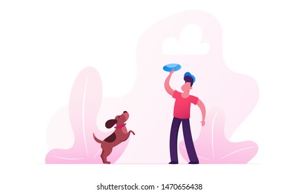 Boy Walking with Dachshund Dog Outdoors. Male Character Playing Frisbee with Pet Spending Time at Summertime Park Relaxing. Leisure, Communicating with Home Animal. Cartoon Flat Vector Illustration