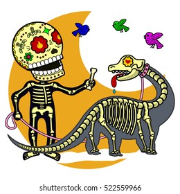 Boy walking to a dinosaur. Vector flat and linear Illustration of skeleton. Web banners, advertisements, brochures, business templates. Isolated on a white background.