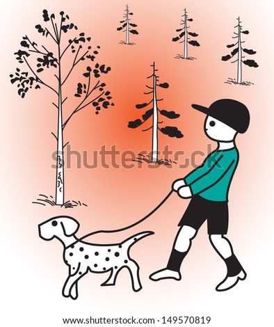 A boy walking a dog during sunset