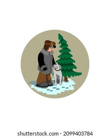 Boy walking with dog in the forest