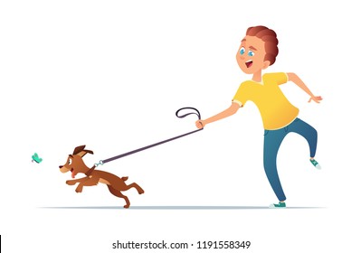 Boy  walking with a dog. Friendship of the child and the dog. Vector illustration