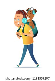 Boy  walking with a dog. Friendship of the child and the dog. Vector illustration