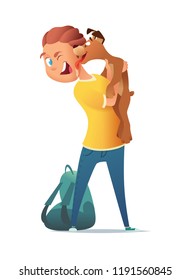 Boy  walking with a dog. Friendship of the child and the dog. Vector illustration