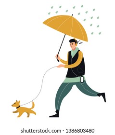 Boy Walking With Dog Listening To Music In Rain. Stylish Dressed Teenager Running With Umbrella Isolated On White Background. Rainy Day In Autumn Season. Flat Cartoon Vector Illustration