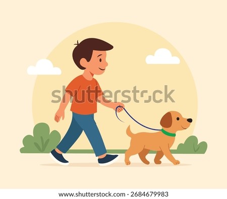 Boy walking a dog on a leash in a park