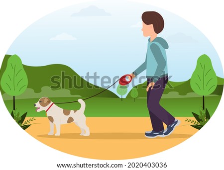 A boy walking with the dog at the park, pet lovers concept, pets care concept, flat vector illustration