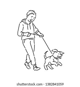 Boy walking dog puppy on leash. Promenade with pet line art style character vector black white isolated illustration.