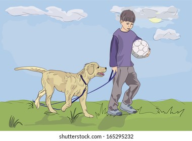 boy walking with dog -  realistic vector illustration