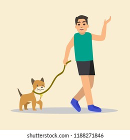 boy is walking with a dog. Vector illustration in a flat style