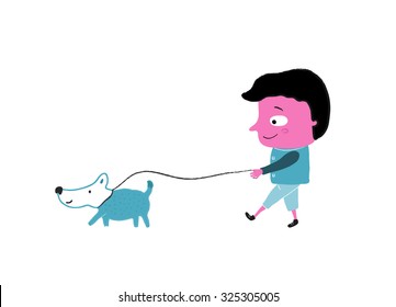 Boy walking the dog, vector illustration