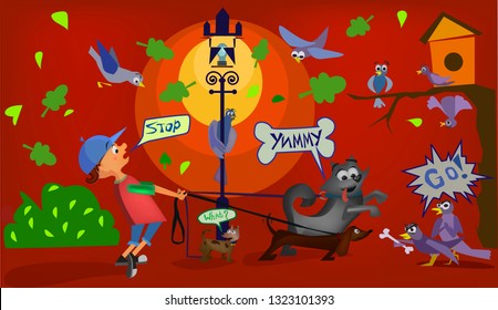 Boy walking with dog.Vector dog on a leash with a collar.
