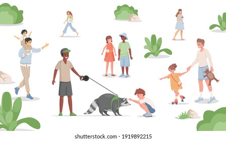 Boy walking with domestic racoon in city park vector flat illustration. Men, women and children spending time outdoor in urban park, taking care of domestic animal. Pet sitter, outdoor activity.