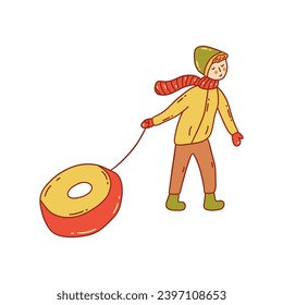 Boy is walking and dragging an inflatable tube for riding down the hill. Cheerful child. Winter outdoor activities and sports. Inflatable sled. Vector colorful illustration isolated hand drawn