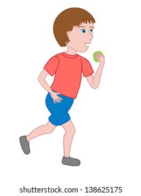 Boy walking and eating an apple