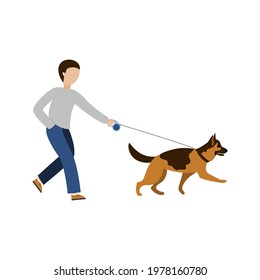 The boy is walking with a German shepherd. Pet lover. Vector flat illustration with a man and a pet isolated on a white background.