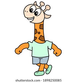 boy walking giraffe with a smiling face, character cute doodle draw. vector illustration