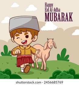 A boy is walking with a goat in a field. The boy is smiling and the goat is looking at him. The image is of a happy Eid al-Adha celebration