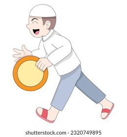 boy was walking happily carrying a tambourine percussion instrument. vector design illustration art