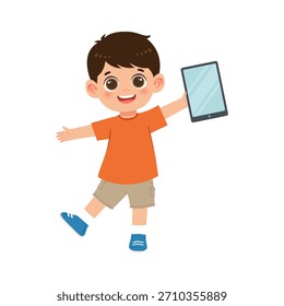 Niño caminando feliz mientras sostiene la tableta para la actividad digital de la diversión