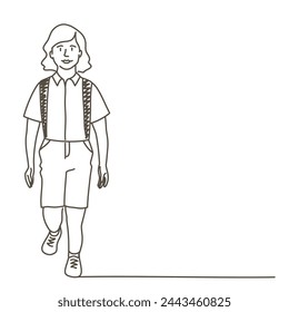 A boy is walking with his backpack on. He is smiling and looking ahead. The image has a light and cheerful mood. Hand drawn vector illustration. Black and white.