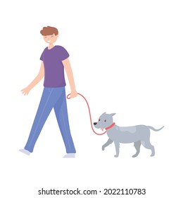 boy walking with his dog isolated icon