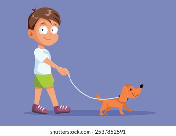 
Boy Walking His Dog on Leash Vector Illustration. Happy kid going on a pet walk with his puppy
