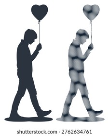 Boy walking, holding heart balloon, sad, lonely, loss, solitary.