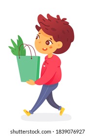Boy walking holding plant in bag. Cute little child holding green packet, helping to carry package. Helpful happy kid character smiling vector illustration. Boy on white background.