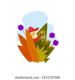 Boy walking with a lantern through a thick grass cartoon vector Illustration on a white background